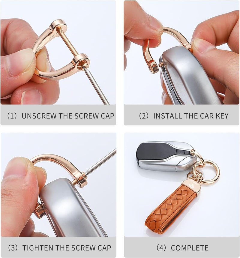 Hamdecro Store Genuine Leather Car Keychain, Handmade Knit Sheepskin Key chains for Women, Universal Key Fob Holder with 360 Degree Rotatable, Anti-Lost D-Ring, 2 Keyrings and 1 Screwdriver – Orange - Image 4